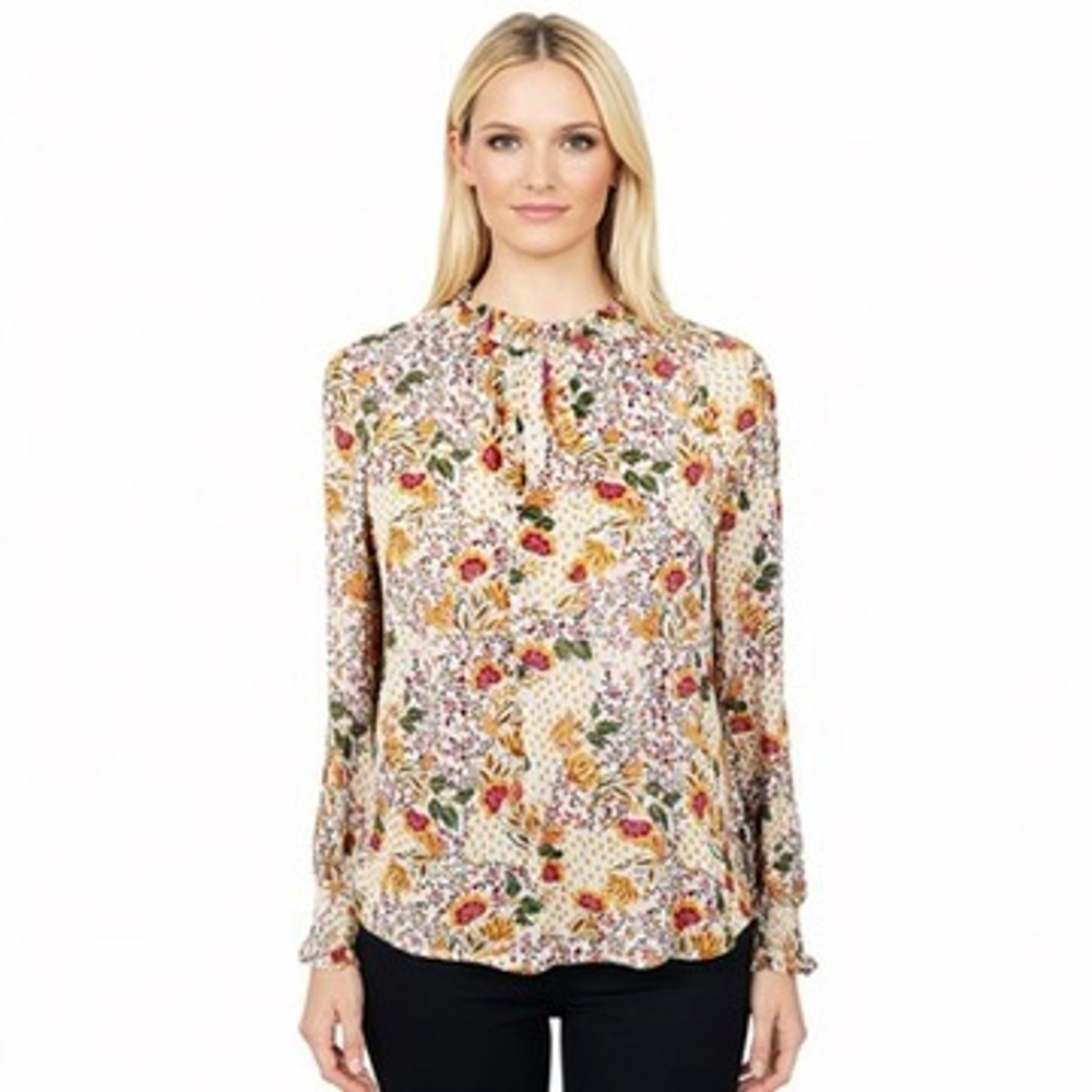 Garnet Hill Fleur Crepe Blouse Multi Floral print Ruffle Neck Cottage Size S